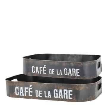 Set 2 tavi din metal cu patina vintage, "Cafe de la Gare"