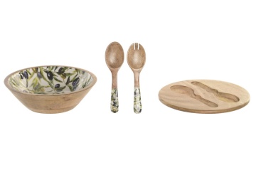 Set 3 boluri salată Mediterranean verde cu accente naturale din lemn de mango cu structură din rășină – "Olivia" - Img 2