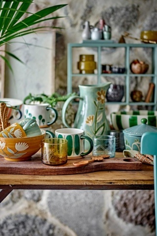 Set 3 căni natur din ceramică artizanală pictată manual cu motive geometrice în verde, 450 ml, 11×8,5 cm, "Linora" - Img 3