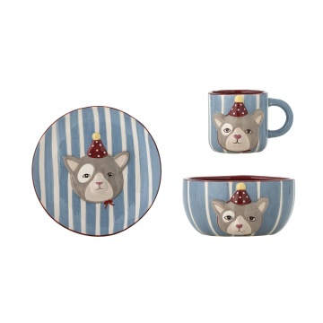 Set 3 piese din ceramică artizanală, multicolor, pictate manual cu pisică, pentru copii, „Party"