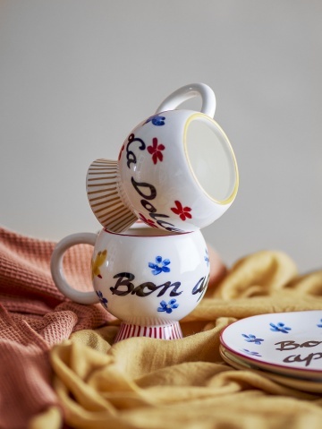 Set 4 căni din ceramică artizanală, pictate manual cu motive florale, păsări și inscripții mediteraneene, multicolor, 8.5×9 cm, „Lindsay" - Img 2