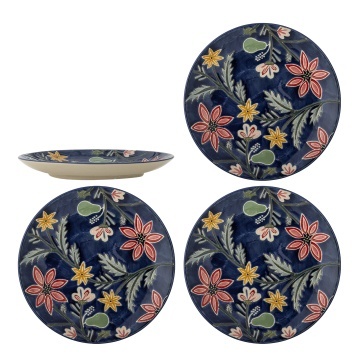 Set 4 farfurii din ceramică albastră cu motive florale dense pictate manual, 20,5×2,5 cm, „Meredith"