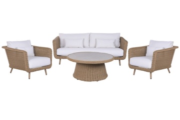 Set lounge exterior din rattan sintetic și structură din aluminiu cu canapea, 2 fotolii, masă și perne, finisaj natural, „Malibu”