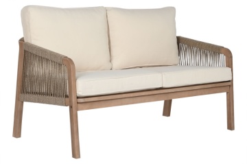 Set lounge exterior premium din lemn de acacia cu frânghie împletită, canapea, 2 fotolii și măsuță cu perne din stofă, „Capri” - Img 3