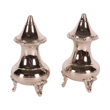 Set solniță și pipernită din alamă lucrată manual, argintiu, pe picioare cu volute, aspect vintage, finisaj nichelat, 10 x 5 cm, „Sheffield”