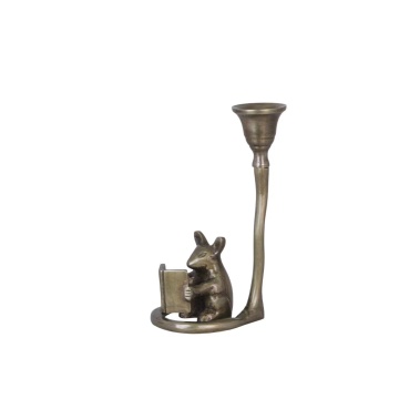Sfeșnic decorativ din metal, finisaj alamă antichizată, șoricel citind, 8,5 x 8 x 15 cm, „Mouse" - Img 2