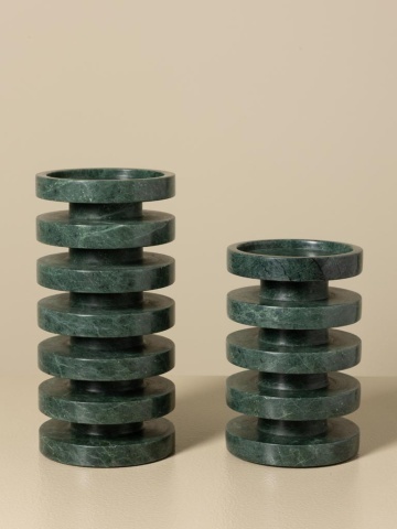 Sfeșnic din marmură verde cu textură naturală, discuri circulare suprapuse, finisaj glazurat, 20×10 cm, „Pilier" - Img 3