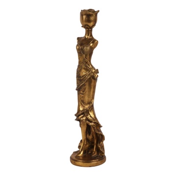 Sfeșnic din polirășină, auriu, siluetă feminină în rochie, cu cupă în formă de trandafir, finisaj antichizat, 40,5 x 10 cm, „Muse”