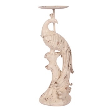 Sfeșnic din polirășină, crem, model păun, 30,5 x 13 cm, „Plumage”