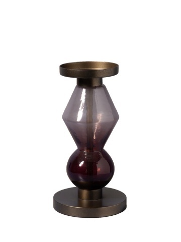 Sfeșnic din sticlă și metal, vișiniu-auriu antichizat, structură sculpturală etajată, finisaj patinat, 23×12 cm, „Astrolab"