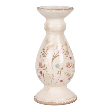 Suport lumanare, bej, din ceramica, motive florale, Ø12x26 cm, Flowers - Img 1