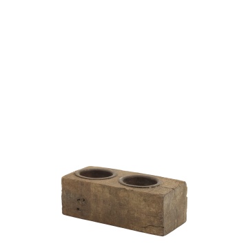 Suport lumânare din lemn reciclat și metal, lucrat manual, natural, cu 2 compartimente, 6x12x6 cm, „Grimaud"