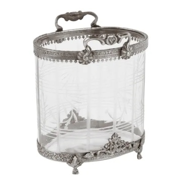 Suport lumânare din sticlă decorată manual și alamă, argintiu, oval, cu mânere și margine ornamentată, finisaj antichizat, 19 x 15 cm, „Bérangère” - Img 4