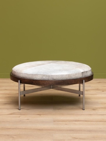 Taburet din piele de vacă gri și lemn de mango maro, cu structură din metal, formă rotundă, 42×96 cm, „Hike" - Img 2