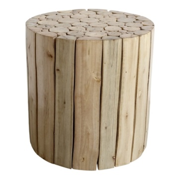Taburet rotund din lemn masiv de eucalipt, natur, din crengi despicate, folosit și ca măsuță laterală, 30 x Ø 30 cm, „Rondin”