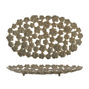 Tavă decorativă aurie din metal, cu model floral, „Micha", 43,5 x 25 x 4,5 cm