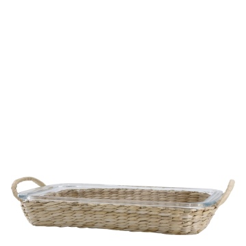 Tavă din sticlă termorezistentă pentru cuptor cu suport din răchită, H5/L39.5/B24.5 cm