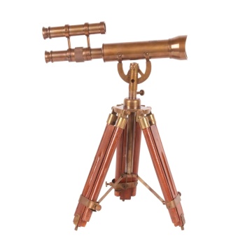 Telescop decorativ din alamă și aluminiu, maro, aspect vintage, cu trepied reglabil din lemn, finisaj antichizat, 47 x 24 x 18 cm, „Astrolabe”