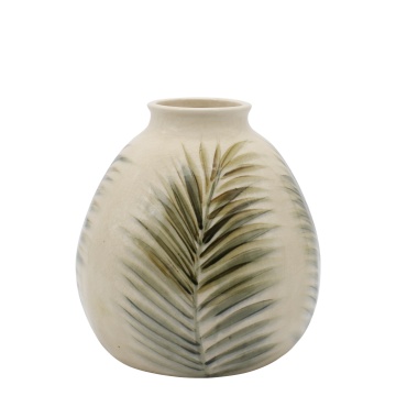 Vază decorativă din ceramică artizanală albă glazurată, pictată manual cu frunze de palmier, 23x23 cm, „Tropique"