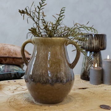 Vază decorativă din ceramică artizanală glazurată verde olive, lucrată manual, cu mâner lateral, 30x23 cm, „Camille" - Img 2