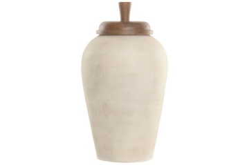 Vază decorativă tip tibor, stil rustic natural, culoare teracotă cu blat natur, din lemn de mango, „Tibor”