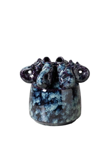 Vază din ceramică cu pești în relief, albastră, mică, cu glazură reactivă, 15 x Ø 17 cm, „Écume”