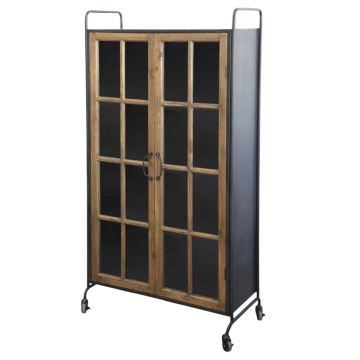 Vitrină industrială din lemn de pin natur și metal negru, cu 2 uși vitrate, 3 rafturi și roți, finisaj natural, 156 x 80 x 34 cm, „Calibre”