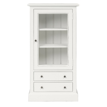 Vitrină îngustă shabby chic din lemn de pin, alb, cu 1 ușă vitrată, 2 rafturi și 2 sertare, finisaj patinat, 120 x 60 x 33 cm, „Lison”