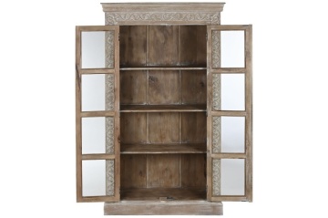 Vitrină sculptată manual din lemn masiv de mango, finisaj décapé alb, 2 uși vitrate, 3 rafturi, 120×44×210 cm, „Jaipur" - Img 4