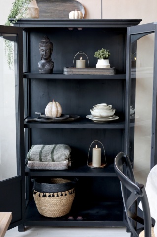 Vitrină vintage din lemn de pin, negru, cu 2 uși vitrate, 3 rafturi și decor sculptat, finisaj antichizat, 170 x 97 x 41 cm, „Sauveterre” - Img 5