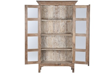 Vitrină vintage din lemn reciclat, natur, cu 2 uși vitrate, 3 rafturi și 8 ochiuri de sticlă, finisaj décapé, 170 x 105 x 45 cm, „Heritage” - Img 3