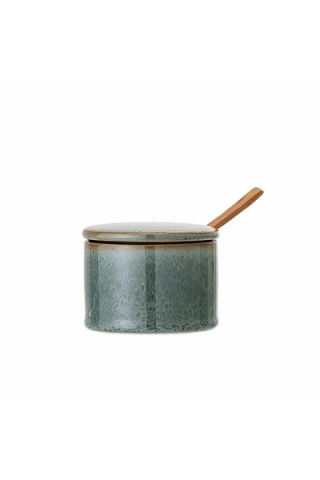 Zaharnița din ceramică verde cu finisaj artizanal și margine maro, cu capac și linguriță din lemn de acacia, 7,5x6 cm, "Pixie"