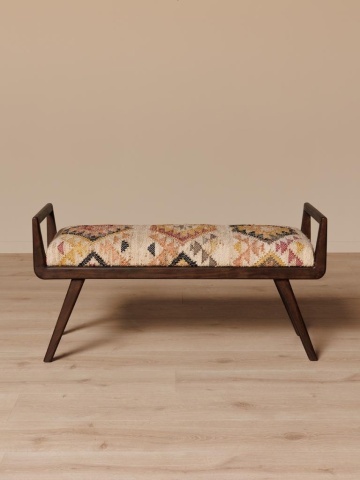 Banchetă hol bej din kilim de iută și lână și lemn de acacia maro închis, cu brațe, 56 x 112 x 40 cm, „Fiera” - Img 2