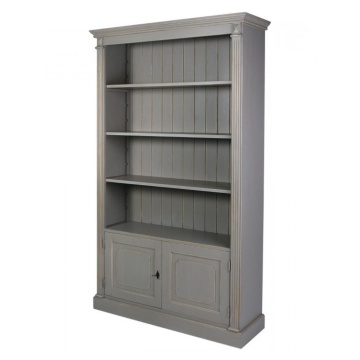 Bibliotecă cu uși vintage din lemn de pin, gri, cu 3 rafturi deschise, 2 uși și pilaștri cu caneluri, patinată, 197 x 120 x 37 cm, „Ernest”