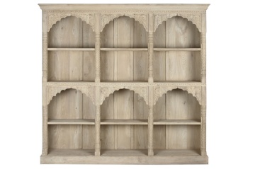 Bibliotecă sculptată manual din lemn masiv, finisaj natural, 9 nișe cu arcade mughal, 204×38×196 cm, „Navaratna"