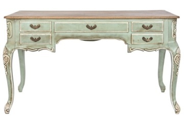 Birou clasic în stil Louis XV–XVI din lemn de mango, verde, cu 5 sertare și picioare cabriole, finisaj décapé, 75 x 133 x 68 cm, „Elégance”