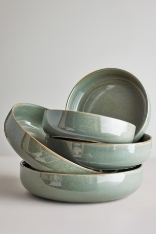 Bol de servit din ceramică verde cu finisaj artizanal și margine maro, 28.5x7 cm, "Pixie" - Img 2