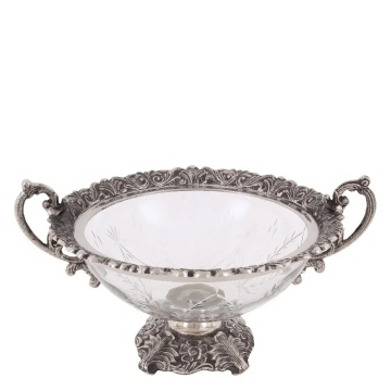 Bol decorativ din sticlă gravată și aluminiu, argintiu, cu mânere și picior decorat, aspect vintage, finisaj antichizat, 24 x 48 x 38 cm, „Cristalline”