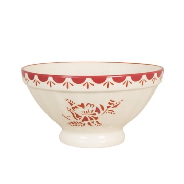 Bol din ceramică artizanală, natur, cu motive florale pictate manual roșu și bordură decorativă, 23×12 cm, „Marion"