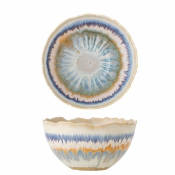 Bol din ceramică, multicolor, model floral radial și benzi în nuanțe de natur, albastru și portocaliu, margine ondulată, 8 x 14,5 cm, „Zeno”