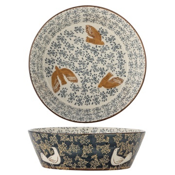 Bol mare din ceramică stoneware pictat manual cu păsări și motive florale, D28xH9 cm, 3350 ml, „Hezha"