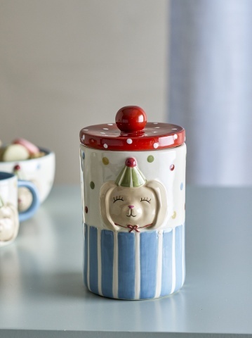 Borcan cu capac din ceramică artizanală, multicolor, pictat manual cu iepuraș, 10,5x17,5 cm, 720 ml, „Party" - Img 4