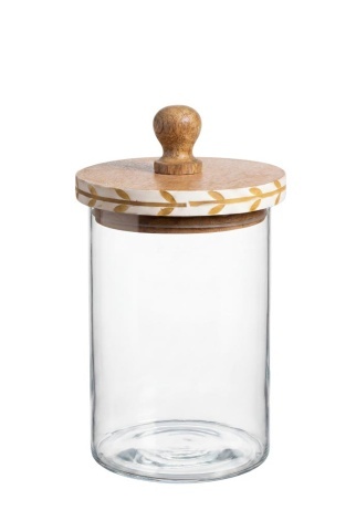 Borcan din sticlă natur cu capac din lemn de mango, model cu frunze stilizate pictat manual, 19 × 12 cm, „Bocage"