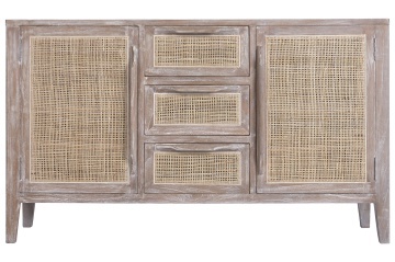 Bufet cu ratan împletit, stil French Country, din lemn, natur, cu 2 uși și 3 sertare, 70 x 120 x 40 cm, „Rasteau”