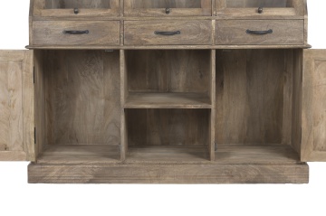 Bufet cu vitrină din lemn de mango, maro, cu 3 uși vitrate înclinate, 3 sertare, 2 uși și nișă deschisă, aspect rustic, 106 x 124 x 45 cm, „Aubenas” - Img 5