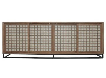 Bufet din lemn de tec, în stil japonez, natur și negru, cu 4 uși glisante shoji și bază din metal, 80 x 220 x 40 cm, „Cucuron”