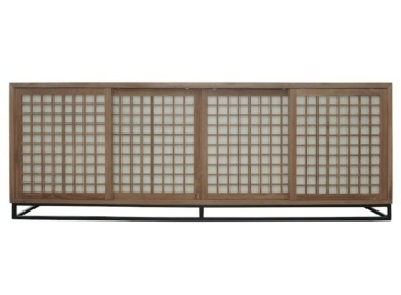 Bufet din lemn de tec, în stil japonez, natur și negru, cu 4 uși glisante shoji și bază din metal, 80 x 220 x 40 cm, „Cucuron”