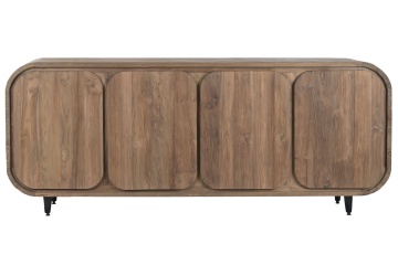 Bufet rustic din lemn de tec reciclat, natur, cu 4 uși cu colțuri rotunjite și picioare din metal negru, 80 x 200 x 45 cm, „Granville”