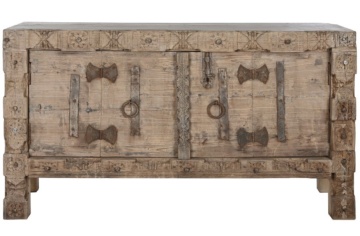 Bufet rustic din lemn reciclat, natur, cu 2 uși, decor sculptat manual și balamale fluture din metal, 92 x 167 x 51 cm, „Rigora”