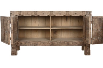 Bufet rustic din lemn reciclat, natur, cu 2 uși, decor sculptat manual și balamale fluture din metal, 92 x 167 x 51 cm, „Rigora” - Img 11
